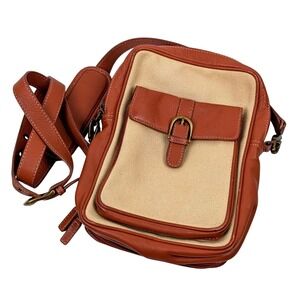Levenger Leather Canvas Crossbody Bag Tan Beige Travel Organizer Messenger